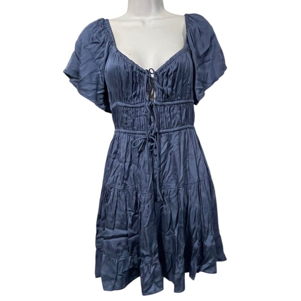 Olivaceous Womens Mini Dress Blue Satiny Tie Front Milkmaid Tiered Sexy Sz S